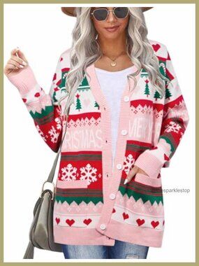 Ugly Christmas Cardigan Sweater Women Button Down V Neck Pockets Knit